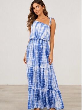 NWT Young USA Blue & White Tie-Dye One Shoulder Maxi Dress